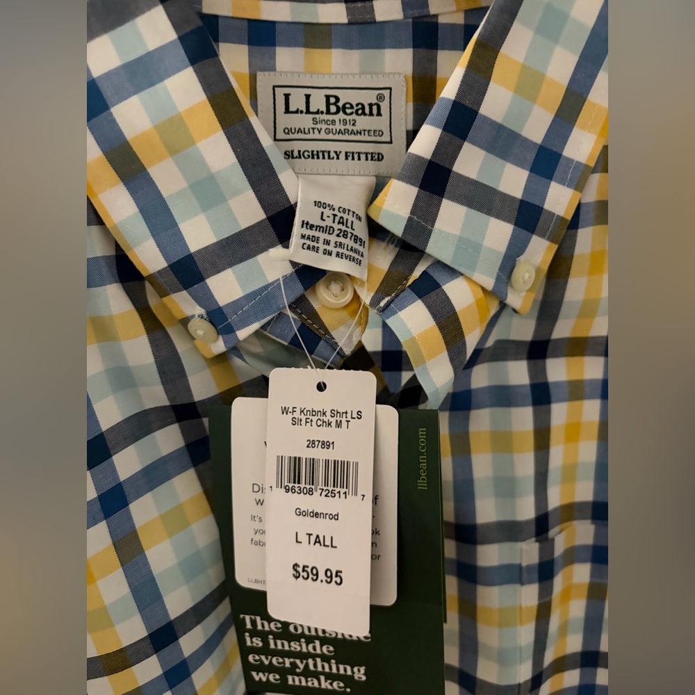 L.L. Bean Goldenrod, Navy & Light Blue Plaid Button-Down Shirt
